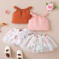 2pcs Baby Girl 95% Cotton Sleeveless Halter Neck Top and Floral Print Mesh Skirted Shorts Set Pink