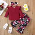 3pcs Baby Girl 95% Cotton Ribbed Ruffle Long-sleeve Top and Floral Print Flared Pants with Headband Set Burgundy
