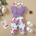 2pcs Baby Girl 100% Cotton Solid Eyelet Embroidered Square Neck Flutter-sleeve Splicing Floral Print Jumpsuit with Headband Set Purple