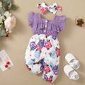 2pcs Baby Girl 100% Cotton Solid Eyelet Embroidered Square Neck Flutter-sleeve Splicing Floral Print Jumpsuit with Headband Set Purple