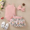 3pcs Baby Girl Pink Rib Knit Cami Romper and Floral Print Layered Skirt with Headband Set Pink
