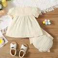 100% Cotton 2pcs Baby Girl Floral Embroidered Square Neck Lace Puff-sleeve and Shorts Set Beige