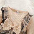 2pcs Baby Girl Plaid Spliced Solid Rib Knit Bow Front Bell Sleeve Jumpsuit with Headband Set Apricot image 1