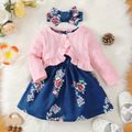 3pcs Baby Girl Cable Knit Ruffle Trim Long-sleeve Cardigan and Allover Floral Print Tank Dress with Headband Set Deep Blue