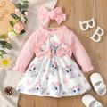 2pcs Baby Girl Frill Trim Bow Front Textured Long-sleeve Spliced Allover Elephant Print Dress with Headband Set Pink image 1