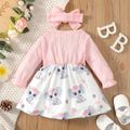 2pcs Baby Girl Frill Trim Bow Front Textured Long-sleeve Spliced Allover Elephant Print Dress with Headband Set Pink