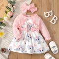 2pcs Baby Girl Frill Trim Bow Front Textured Long-sleeve Spliced Allover Elephant Print Dress with Headband Set Pink image 2