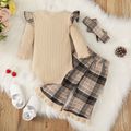 3pcs Baby Girl Letter Embroidered Long-sleeve Rib Knit Romper and Ruffle Trim Bow Front Plaid Flared Pants with Headband Set Apricot