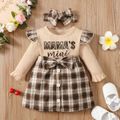 2pcs Baby Girl Long-sleeve Letter Embroidered Rib Knit Spliced Plaid Bow Front Dress with Headband Set Brown image 1