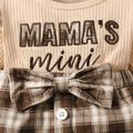 2pcs Baby Girl Long-sleeve Letter Embroidered Rib Knit Spliced Plaid Bow Front Dress with Headband Set Brown image 5