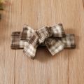 2pcs Baby Girl Long-sleeve Letter Embroidered Rib Knit Spliced Plaid Bow Front Dress with Headband Set Brown image 4