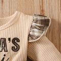 2pcs Baby Girl Long-sleeve Letter Embroidered Rib Knit Spliced Plaid Bow Front Dress with Headband Set Brown image 3