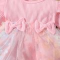 2pcs Baby Girl Long-sleeve Rib Knit Ruffle Trim Bowknot Spliced Pearl Applique Mesh Dress with Headband Set MultiColour image 4