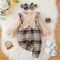 2pcs Baby Girl Plaid Spliced Solid Rib Knit Bow Front Bell Sleeve Jumpsuit with Headband Set Apricot