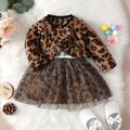 2pcs Baby Girl 95% Cotton Letter Print Spliced Mesh Cami Dress and Leopard Print Ruffle Trim Thermal Fuzzy Coat Set Brown