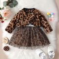 2pcs Baby Girl 95% Cotton Letter Print Spliced Mesh Cami Dress and Leopard Print Ruffle Trim Thermal Fuzzy Coat Set Brown image 4