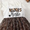 2pcs Baby Girl 95% Cotton Letter Print Spliced Mesh Cami Dress and Leopard Print Ruffle Trim Thermal Fuzzy Coat Set Brown image 5