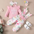 3pcs Baby Girl 95% Cotton Rib Knit Letter Print Long-sleeve Top and Allover Dinosaur Print Ruffle Overalls with Headband Set Pink image 1