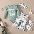 3pcs Baby Girl Letter Print Rib Knit Ruffle Trim Long-sleeve Romper and Floral Print Flared Pants with Headband Set Pale Green