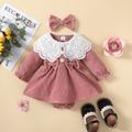 2pcs Baby Girl Statement Collar Pink Corduroy Bow Front Long-sleeve Romper Dress with Headband Set Pink image 1