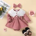 2pcs Baby Girl Statement Collar Pink Corduroy Bow Front Long-sleeve Romper Dress with Headband Set Pink image 3