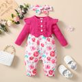 2pcs Baby Girl Hot Pink Ribbed Ruffle Long-sleeve Spliced Floral Print Jumpsuit with Headband Set Roseo image 3