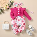 2pcs Baby Girl Hot Pink Ribbed Ruffle Long-sleeve Spliced Floral Print Jumpsuit with Headband Set Roseo image 4