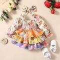 2pcs Baby Girl Allover Floral Print Square Neck Long-sleeve Layered Ruffle Trim Shirred Dress with Headband Set Colorful image 1