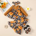 3pcs Baby Girl Solid Rib Knit Spliced Allover Sunflower & Leopard Print Bow Front Long-sleeve Top and Flared Pants with Headband Set YellowBrown image 1