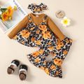 3pcs Baby Girl Solid Rib Knit Spliced Allover Sunflower & Leopard Print Bow Front Long-sleeve Top and Flared Pants with Headband Set YellowBrown image 4