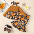 3pcs Baby Girl Solid Rib Knit Spliced Allover Sunflower & Leopard Print Bow Front Long-sleeve Top and Flared Pants with Headband Set YellowBrown image 2