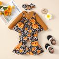 3pcs Baby Girl Solid Rib Knit Spliced Allover Sunflower & Leopard Print Bow Front Long-sleeve Top and Flared Pants with Headband Set YellowBrown image 3