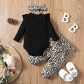 3pcs Baby Girl Solid Rib Knit Ruffle Trim Long-sleeve Romper and Bow Print Leopard Print Pants with Headband Set Black