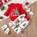 Christmas 3pcs Baby Girl Xmas Tree & Letter Print Rib Knit Long-sleeve Romper and Flared Pants with Headband Set Red image 3