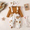 2pcs Baby Girl Solid Ribbed Ruffle Trim Bow Front Spliced Floral Print Long-sleeve Jumpsuit with Headband Set Brown image 1