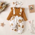 2pcs Baby Girl Solid Ribbed Ruffle Trim Bow Front Spliced Floral Print Long-sleeve Jumpsuit with Headband Set Brown image 3