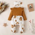 2pcs Baby Girl Solid Ribbed Ruffle Trim Bow Front Spliced Floral Print Long-sleeve Jumpsuit with Headband Set Brown image 2