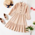 Kid Girl Lapel Collar Button Design Long-sleeve Solid Tiered Dress Apricot