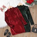 Kid Girl Solid Color Christmas Mock Neck Puff-sleeve Velvet Dress Red