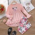 2pcs Kid Girl Ruffled Heart Embroidered Long-sleeve Tee and Floral Print Leggings Set Pink image 1