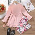 2pcs Kid Girl Ruffled Heart Embroidered Long-sleeve Tee and Floral Print Leggings Set Pink image 2