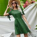 Polka Dot Print Bow Decor Round Collar Women Dress Green
