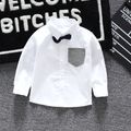 100% Cotton Solid Lapel Collar Bow Tie Decor Chest Pocket Decor Long-sleeve White or Dark Blue Toddler Shirt Smock White