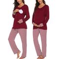 Pijama de amamentação Casa Clássico Estampado completo Riscas Costuras de tecido Malha 2 unidades Borgonha