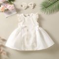 Dress Like Wind Baby Girl 100% Cotton 2pcs Lace Mesh Splice Bow Decor Flutter-sleeve White Dress with Headband Set White