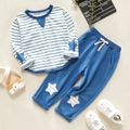 2-piece Toddler Boy Stripe Stars Patchwork Long-sleeve Top and Denim Jeans Set White