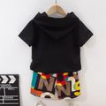 2pcs Toddler Boy Trendy Colorful Letter Print Hooded Tee & Shorts Set Black