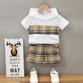2pcs Toddler Boy Casual Plaid Colorblock Hooded Tee and Shorts Set White