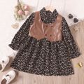 2pcs Toddler Girl Floral Print Lapel Collar Long-sleeve Dress and PU Vest Set Brown image 1