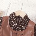 2pcs Toddler Girl Floral Print Lapel Collar Long-sleeve Dress and PU Vest Set Brown